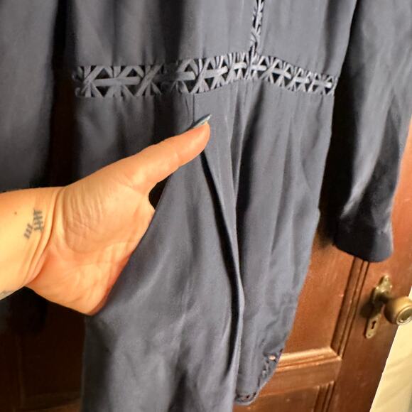 JONATHAN SIMKHAI | Silk Navy Blue Crossbar Romper Jumpsuit | Size Medium - Picture 5 of 10